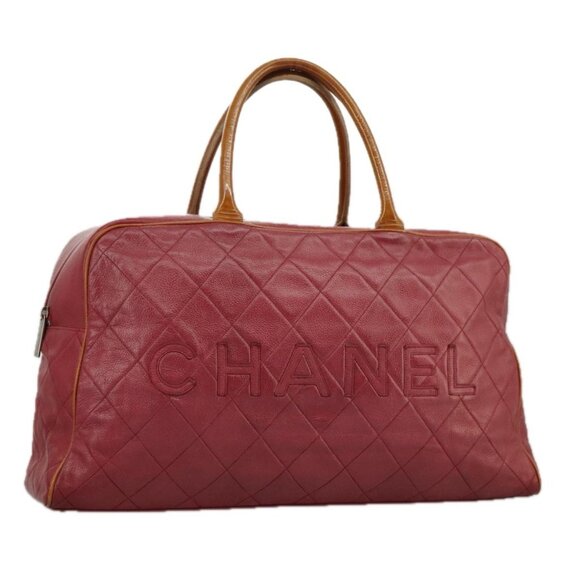 CHANEL Matelasse Boston Bag Grained Calf Skin Red CC Auth 97743 - Picture 1 of 16
